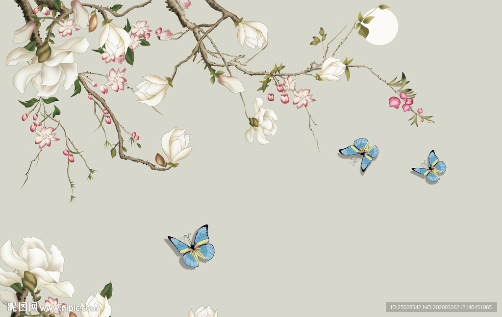 工笔画玉兰蝴蝶电视背景墙