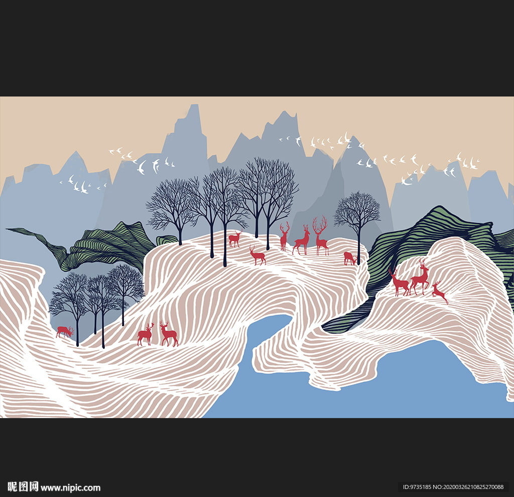 新中式创意线意境山水壁画