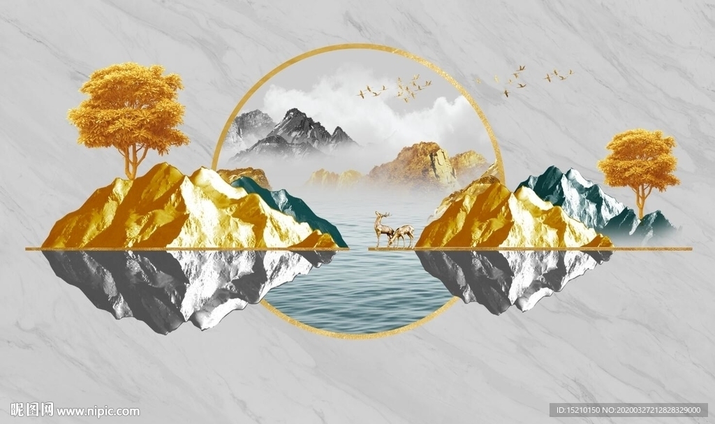 金色山脉抽象树电视背景墙