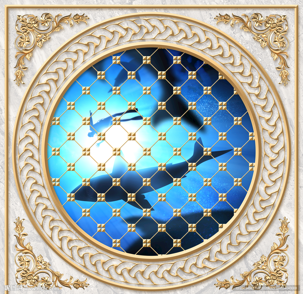 海底世界欧式金色天顶壁画