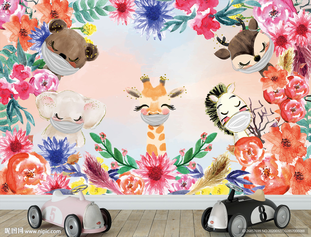 动物戴口罩宣传画 儿童背景墙