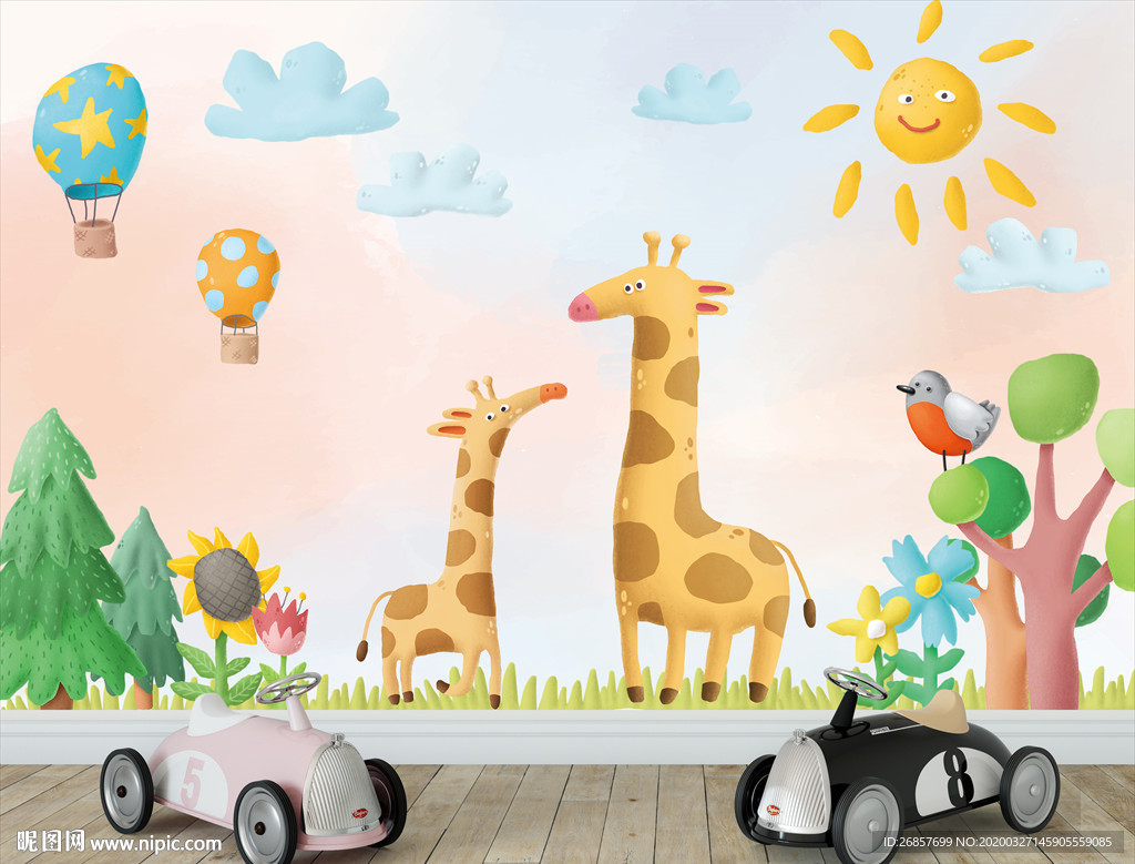 可爱长颈鹿一家儿童背景墙
