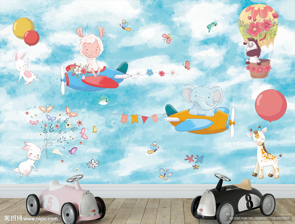 卡通动物飞翔儿童背景墙