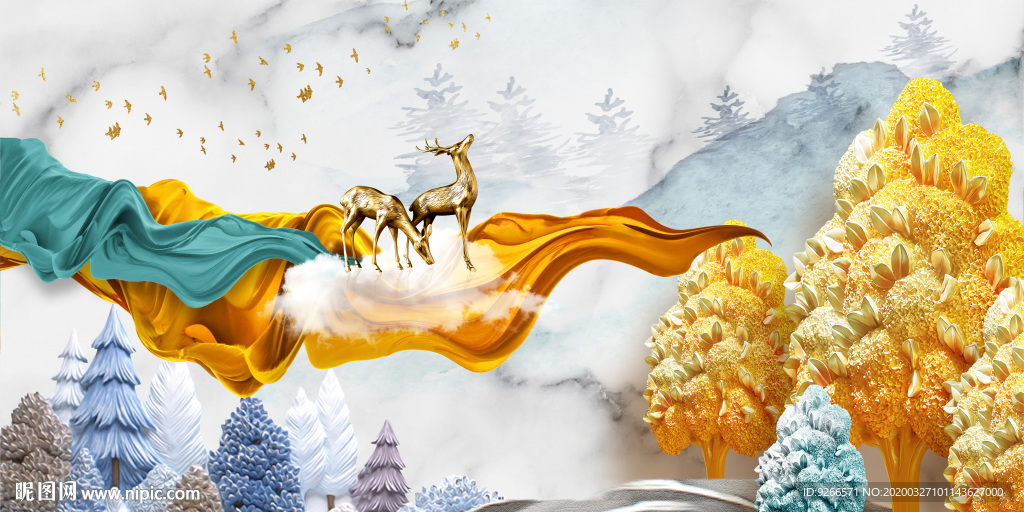 新中式麋鹿晶瓷画装饰画