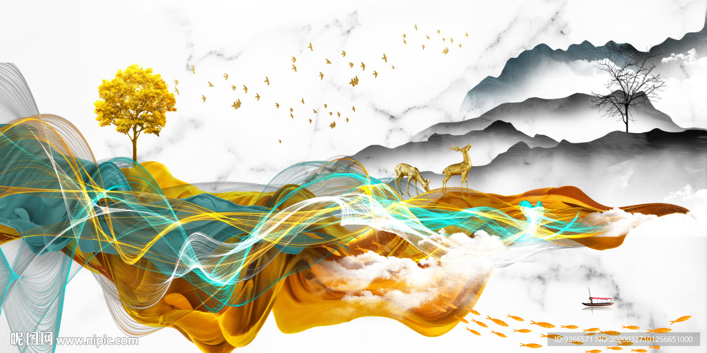 新中式麋鹿晶瓷画装饰画