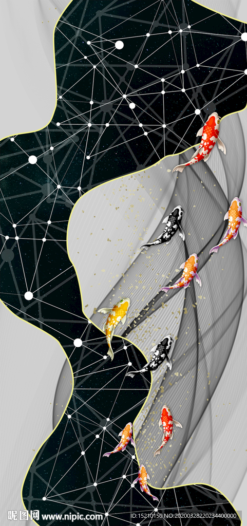 水墨线条九鱼图玄关背景墙
