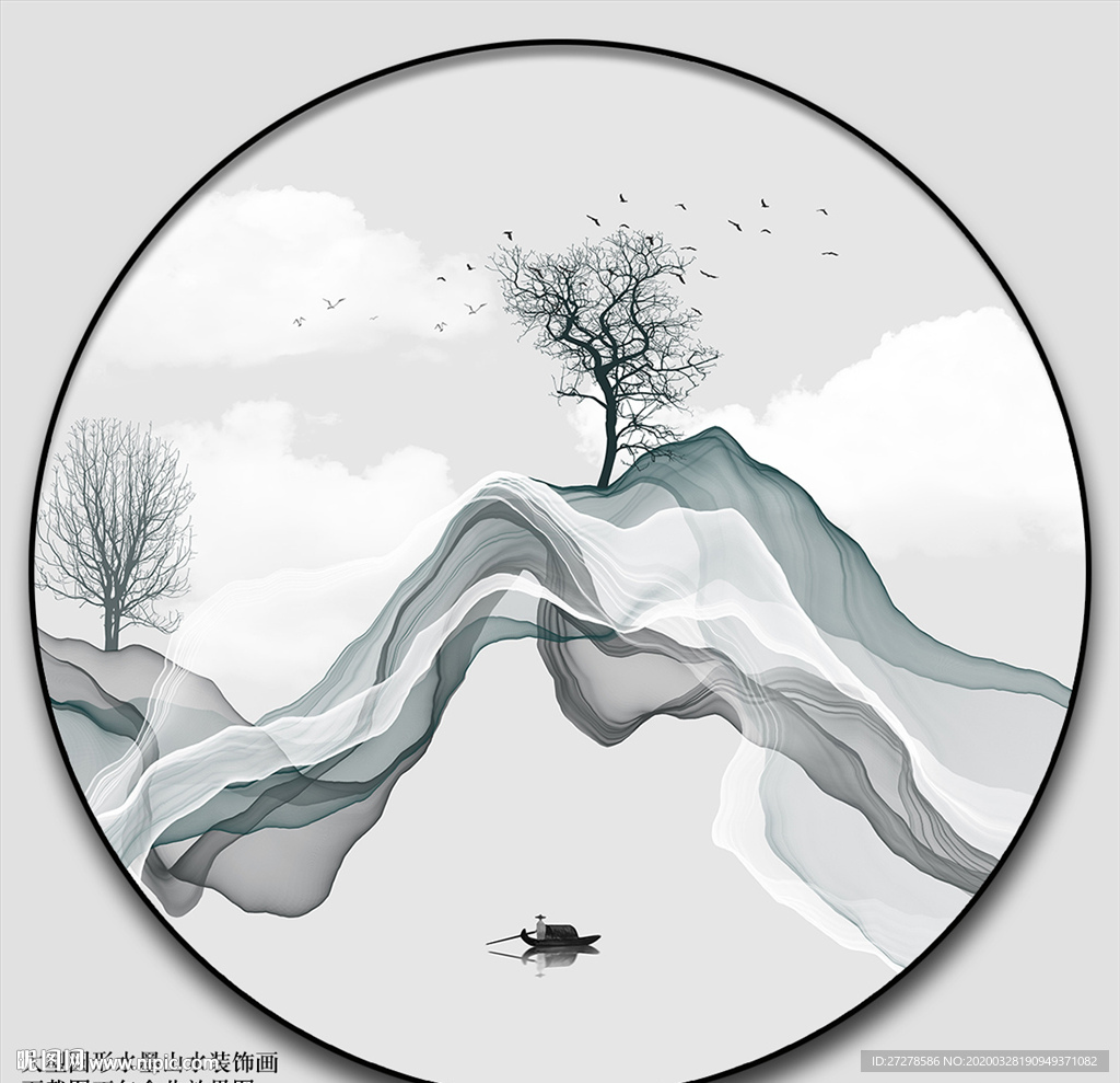 圆形水墨画 蓝色水墨画