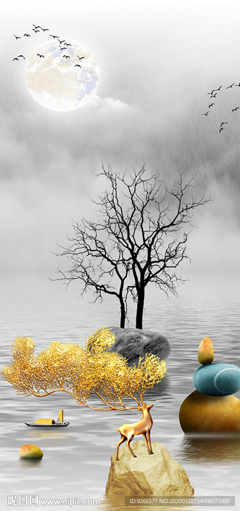 石来运转麋鹿玄关晶瓷画装饰画