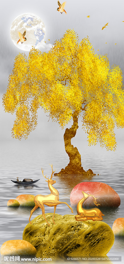 石来运转麋鹿玄关晶瓷画装饰画