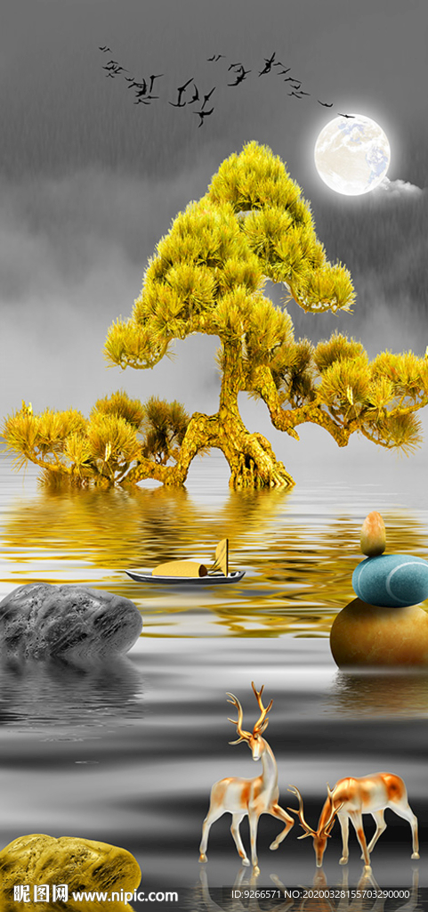 石来运转麋鹿玄关晶瓷画装饰画