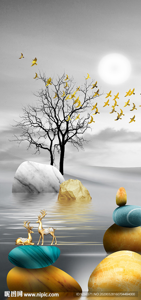 石来运转麋鹿玄关晶瓷画装饰画