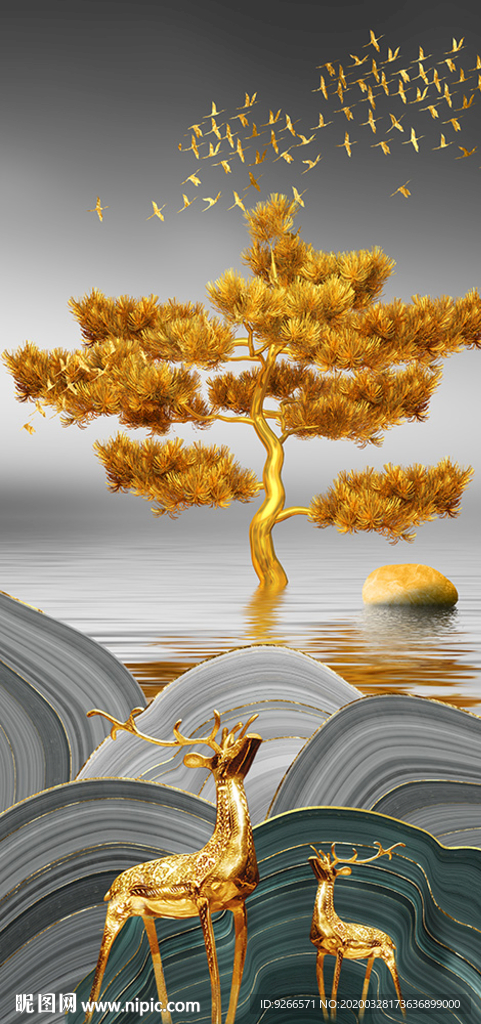 石来运转麋鹿玄关晶瓷画装饰画