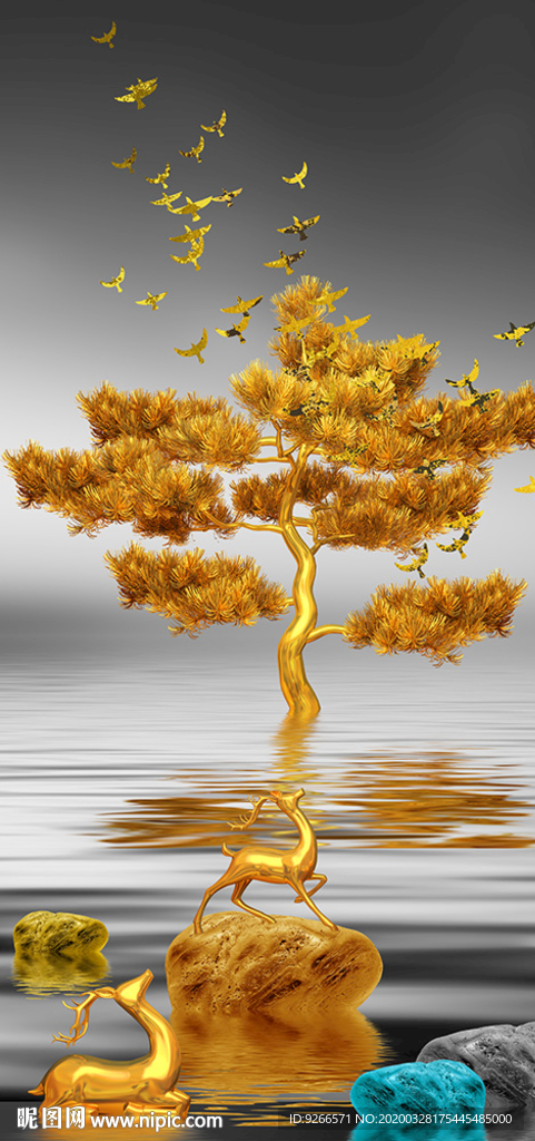 石来运转麋鹿玄关晶瓷画装饰画