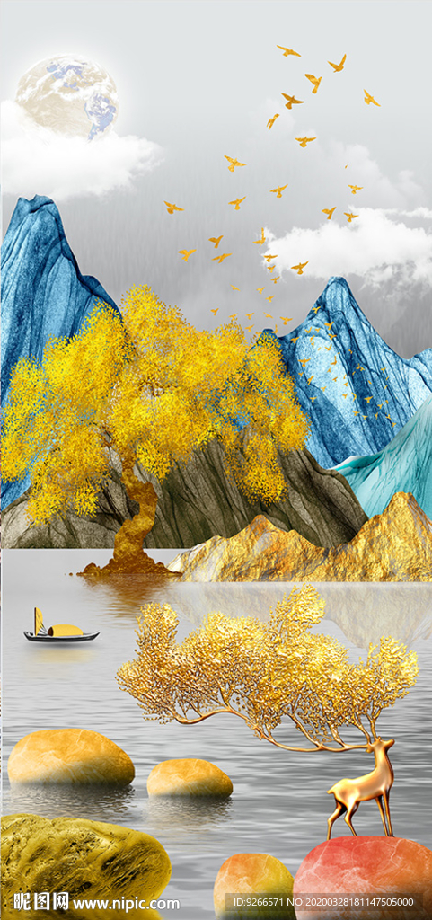 石来运转麋鹿玄关晶瓷画装饰画