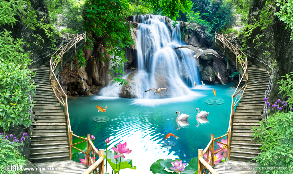 风景画流水生财背景墙