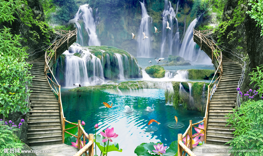 风景画流水生财背景墙