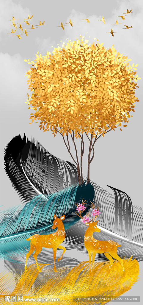 金色羽毛抽象树玄关背景墙
