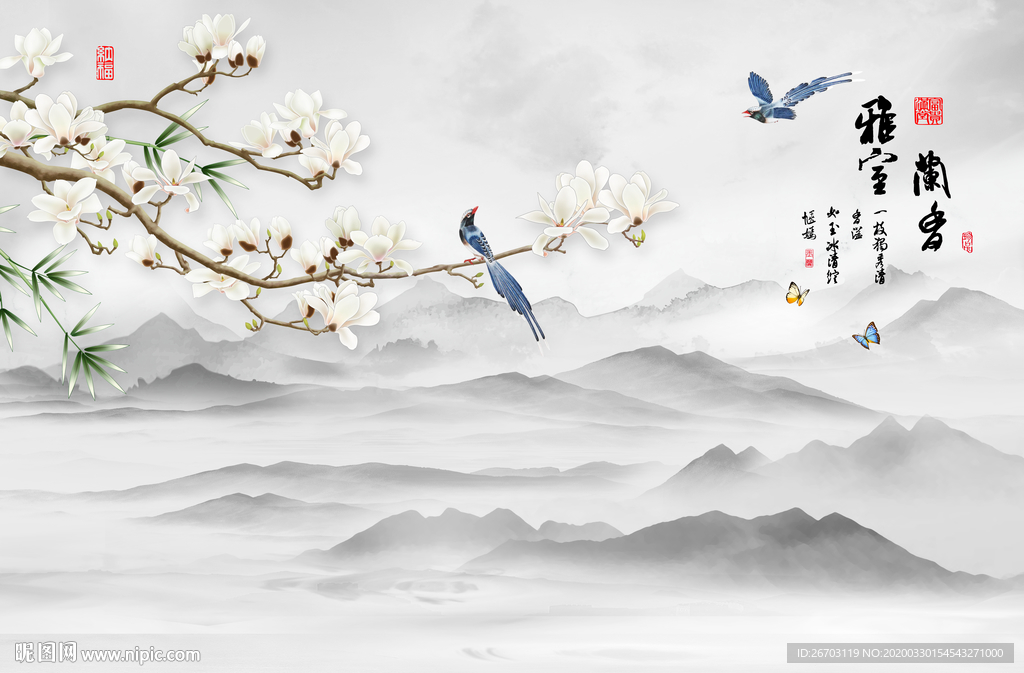 新款爆款室雅兰香山水画背景墙