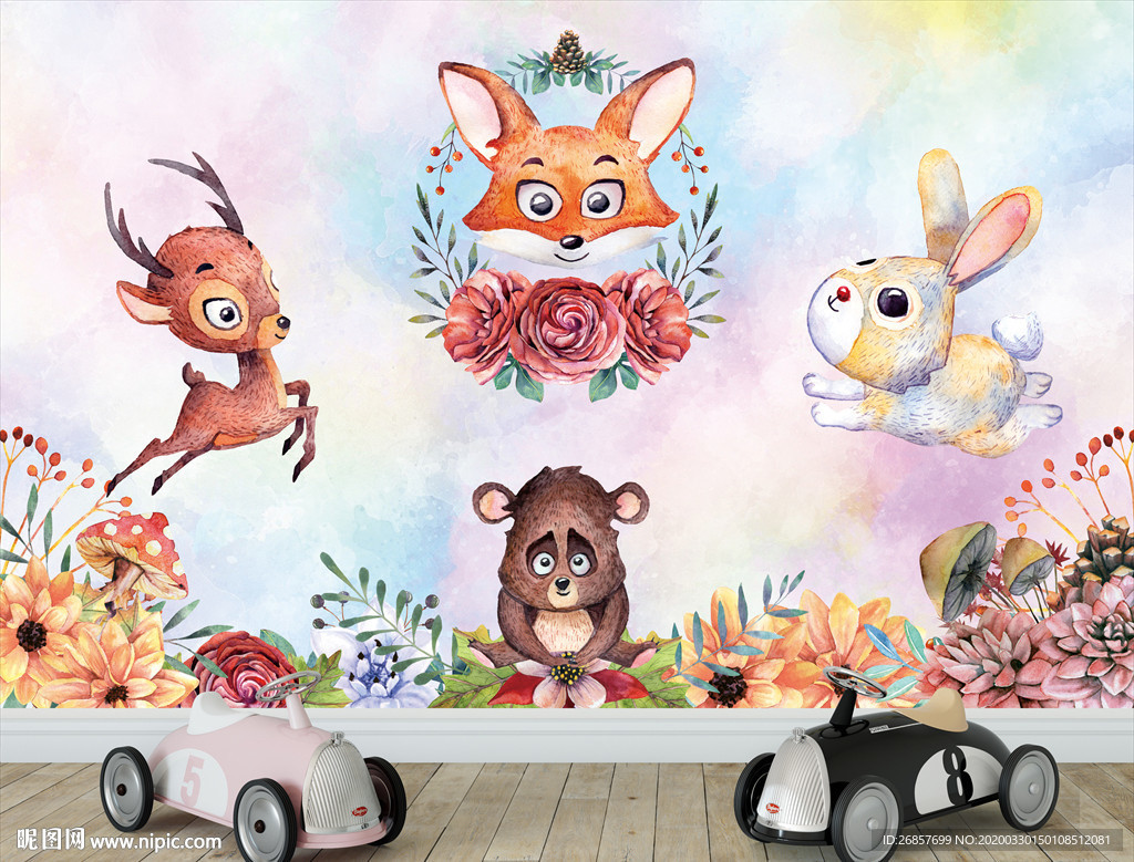 可爱动物儿童背景墙
