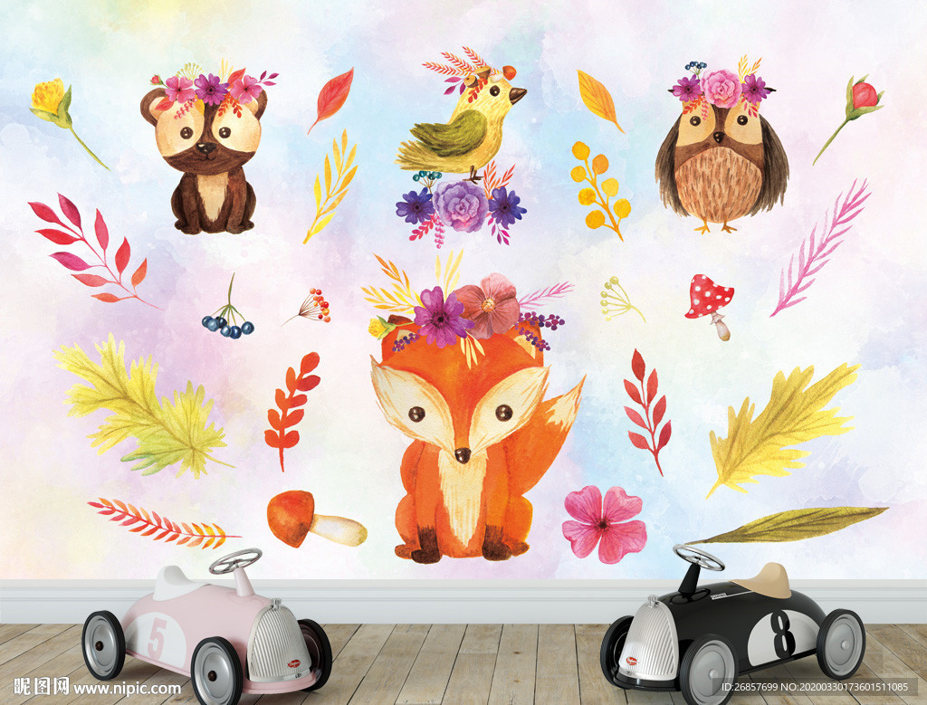 可爱动物儿童背景墙