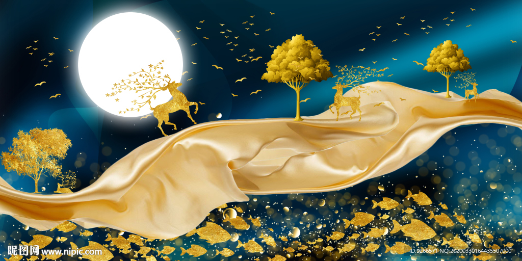 麋鹿抽象飘带金色晶瓷画装饰画