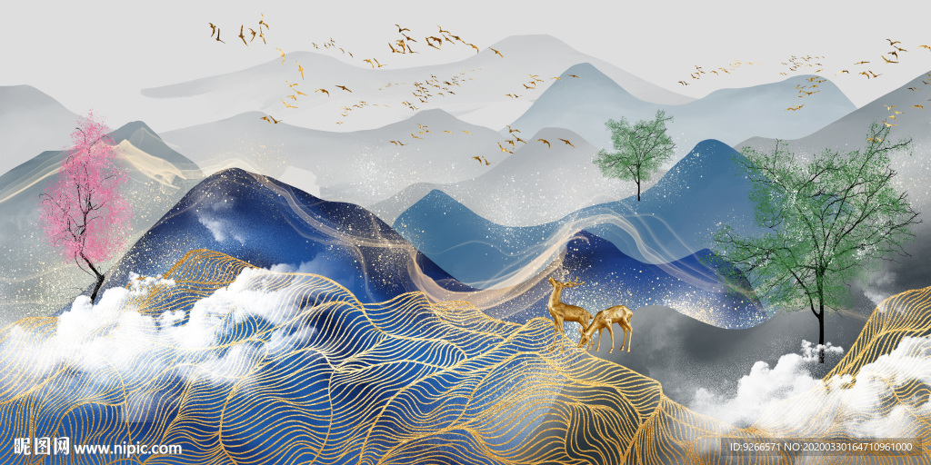 麋鹿抽象山水金色晶瓷画装饰画
