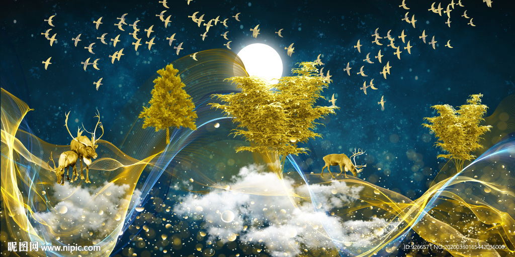 麋鹿抽象线条金色晶瓷画装饰画