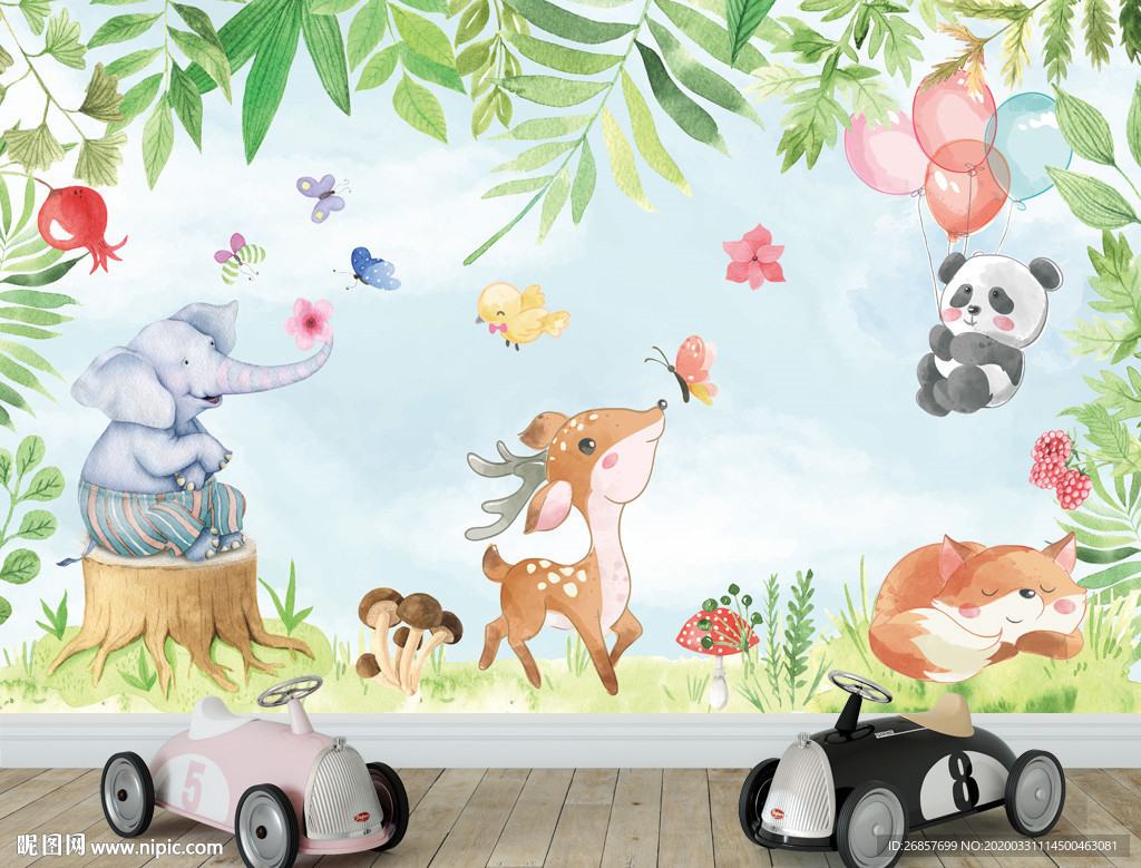 森林动物水彩画 儿童背景墙