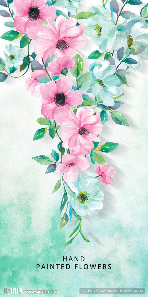 现代简约手绘水彩花玄关画