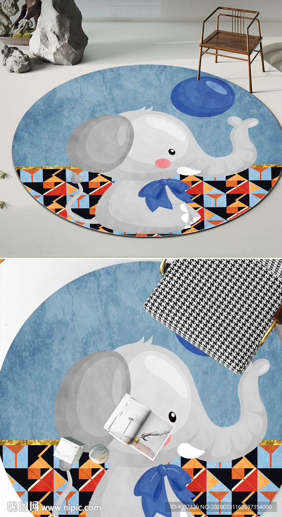 北欧现代抽象动物几何圆形地毯