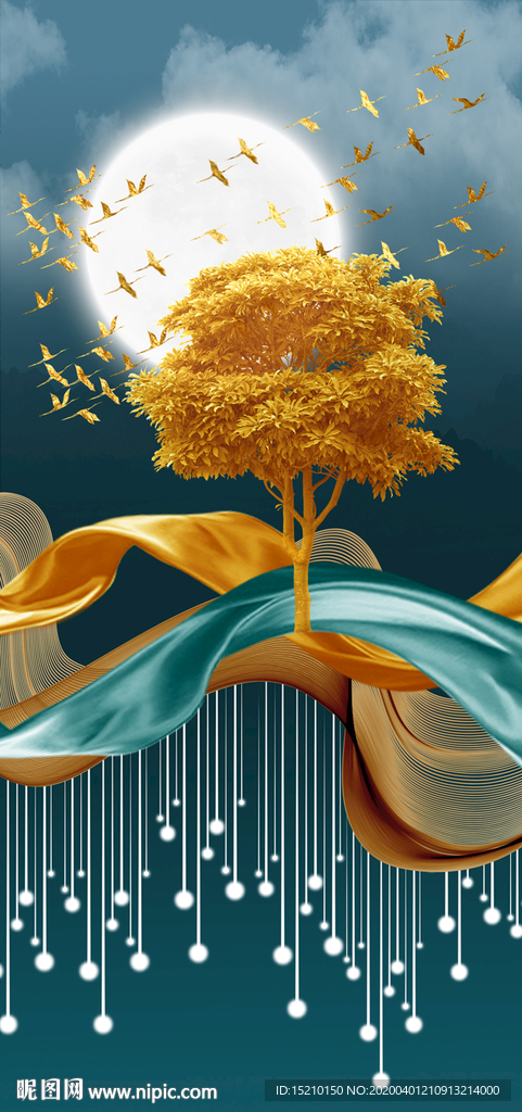 金色丝绸发财树玄关背景墙