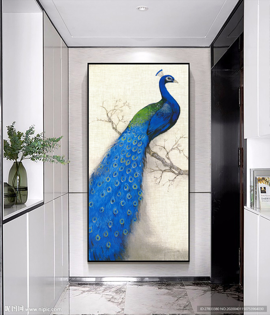 简约蓝色孔雀玄关画