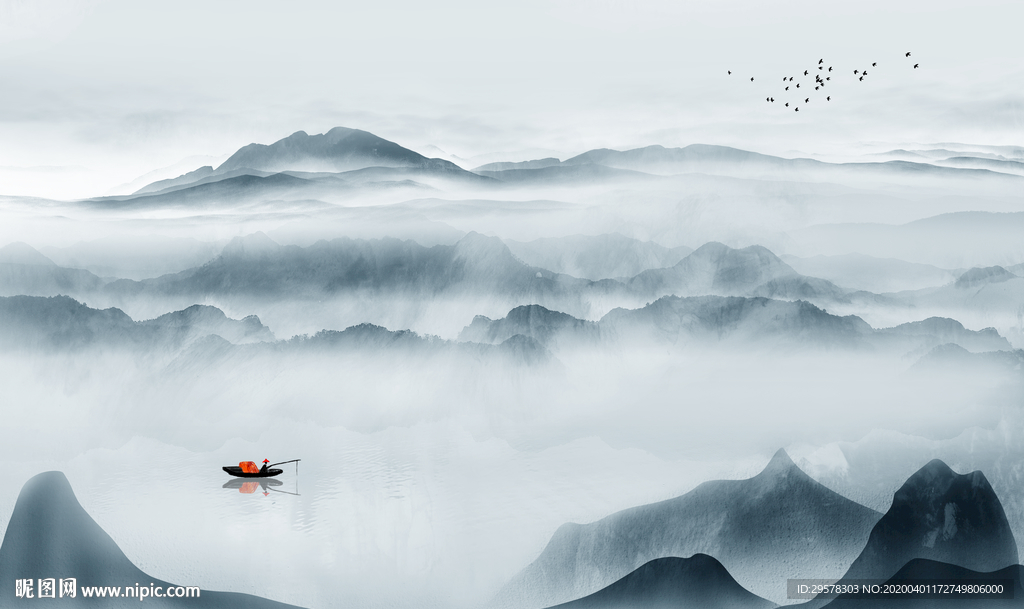 蓝色 山水画无框画 TIF分层