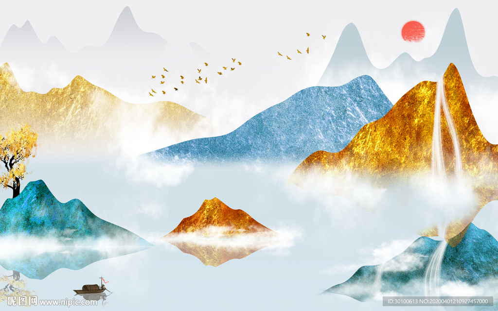 金色 山水画无框画 TIF分层