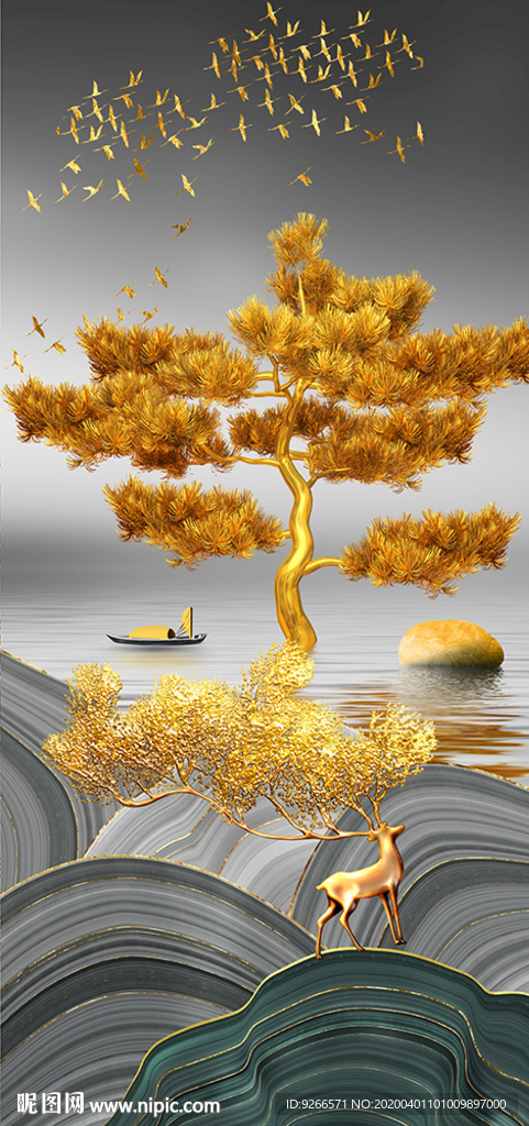 石来运转麋鹿玄关晶瓷画装饰画