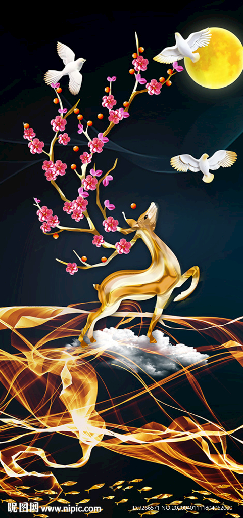 石来运转麋鹿玄关晶瓷画装饰画