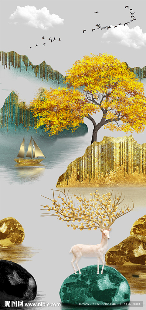石来运转麋鹿玄关晶瓷画装饰画