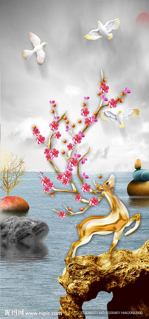 石来运转麋鹿玄关晶瓷画装饰画
