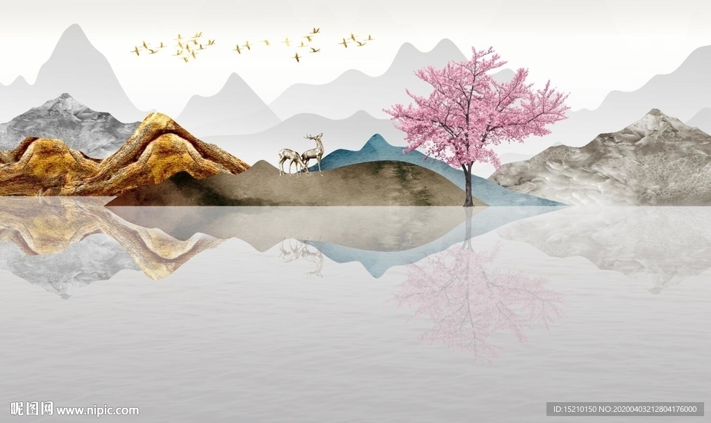 国画山水麋鹿电视背景墙