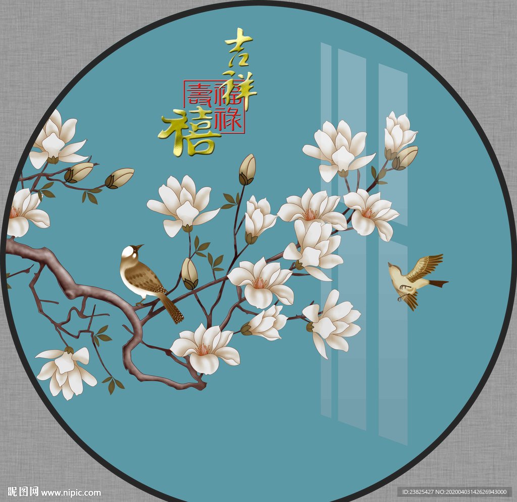 新中式手绘工笔花鸟圆形装饰画