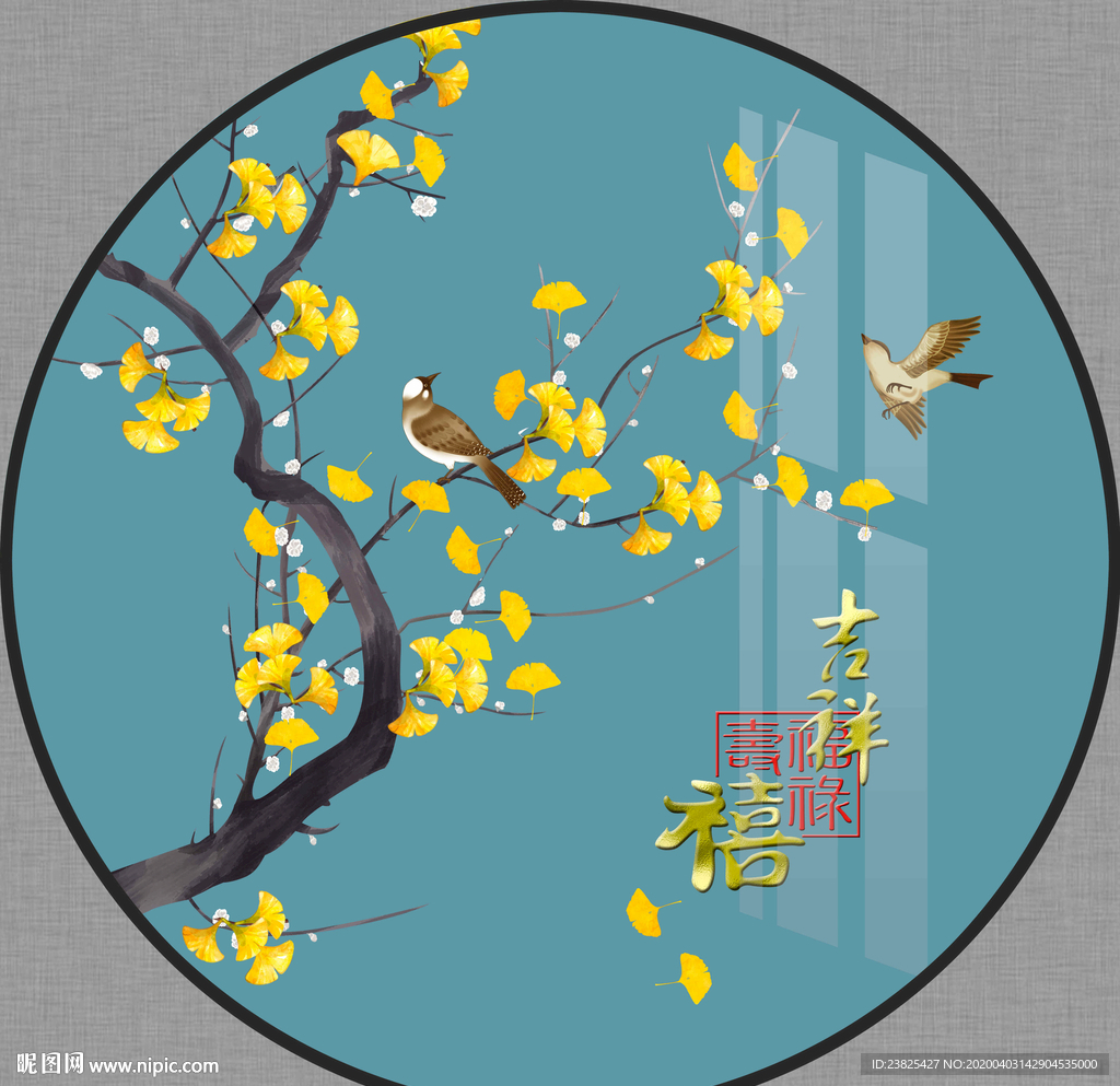 新中式手绘工笔花鸟圆形装饰画