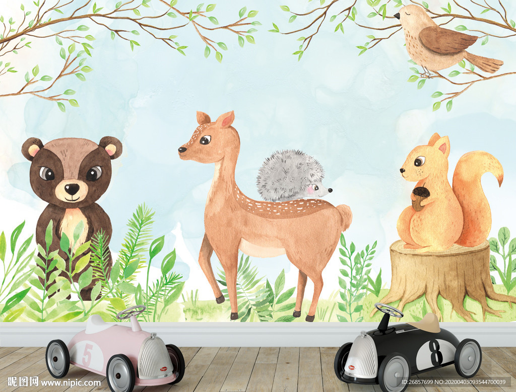 森林动物儿童背景墙