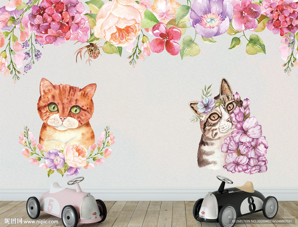 可爱猫咪水彩画 儿童背景墙