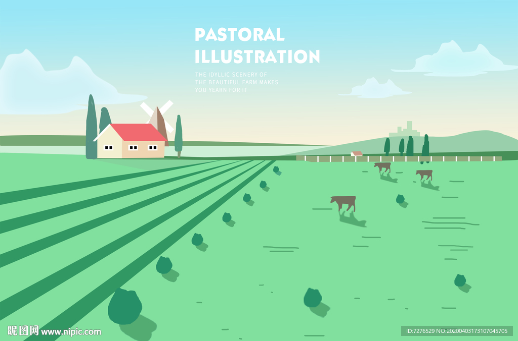 国外农场田园山水风光插画