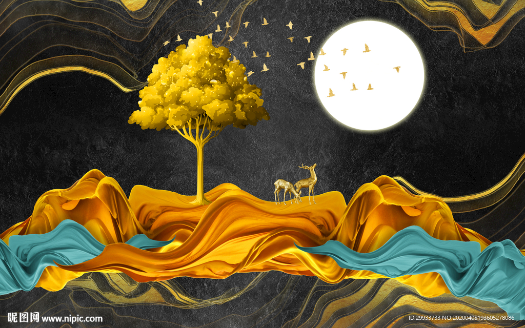 中式轻奢麋鹿发财树背景墙