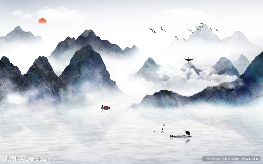 新中式抽象线条水墨山水背景墙