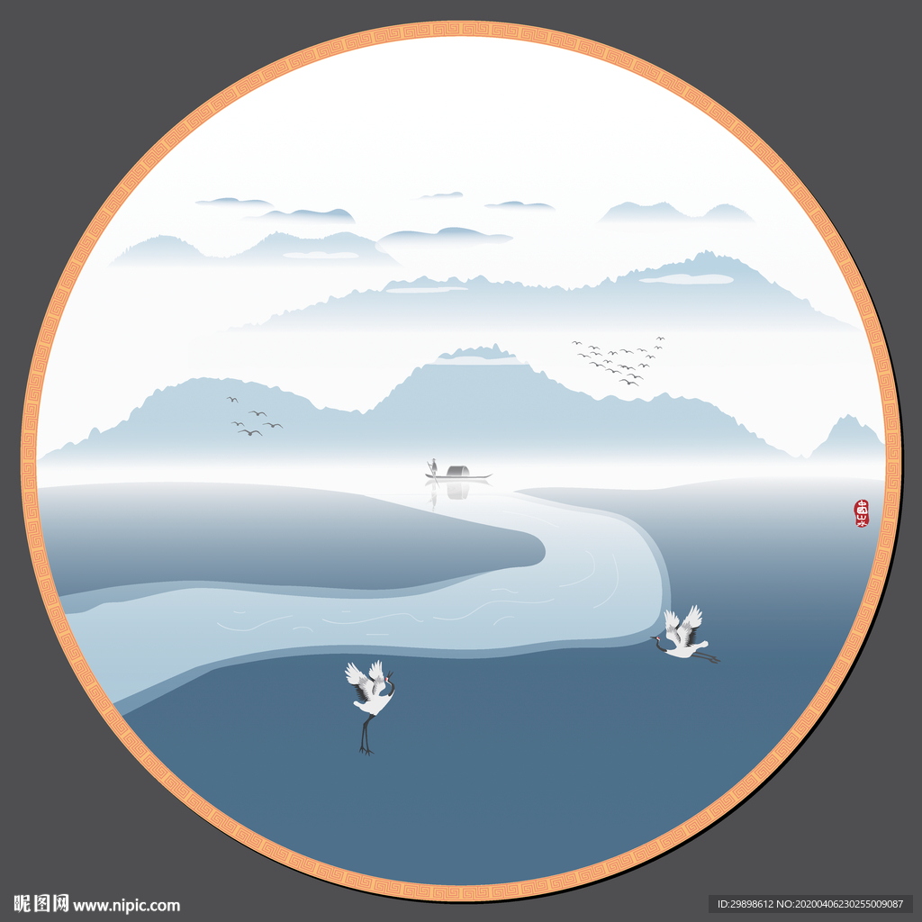 河流白鹤山水新中式水墨装饰矢量