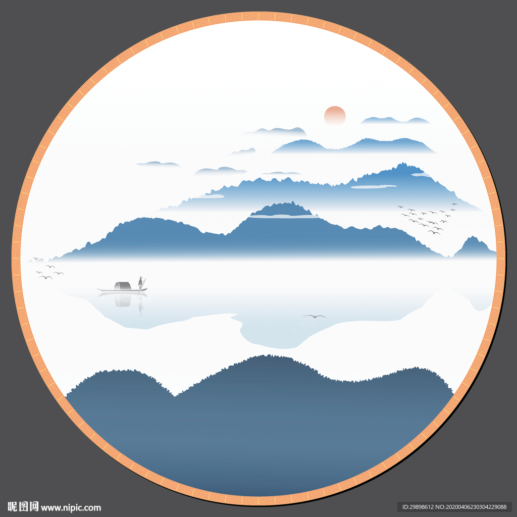 群山渔舟山水新中式水墨装饰矢量