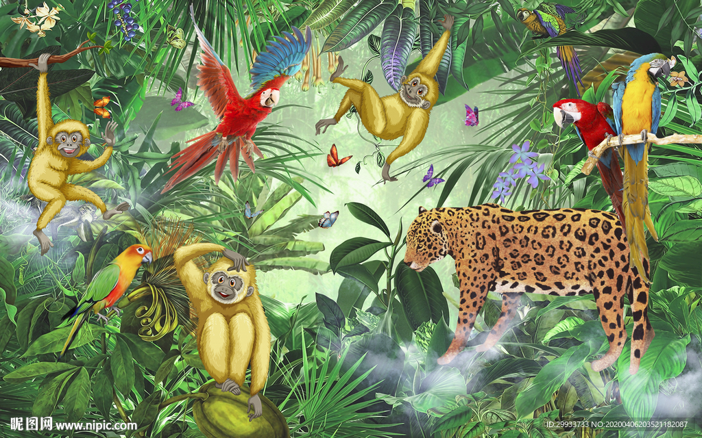 热带雨林丛林动物背景墙