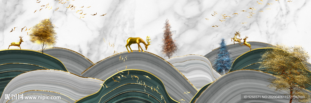 新中式麋鹿抽象线横幅装饰床头画